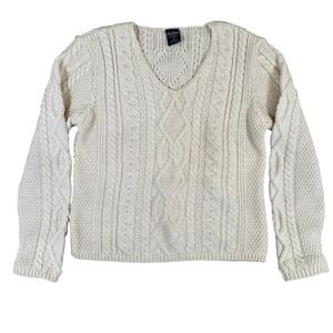 Paul James Made in England 100% Wool Cable Knit V-Neck Sweater Cream Womens M